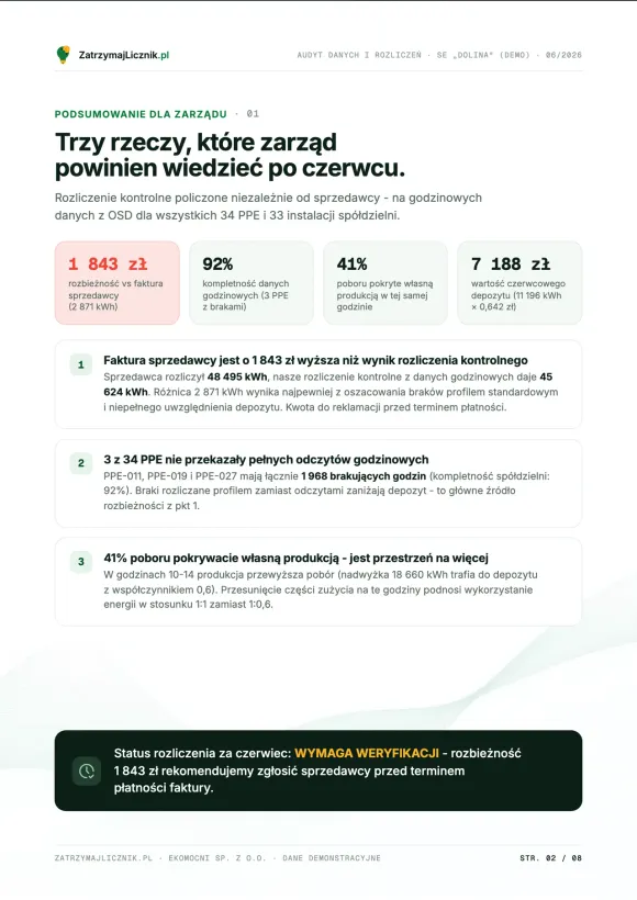 Strona raportu demonstracyjnego: Podsumowanie dla zarządu