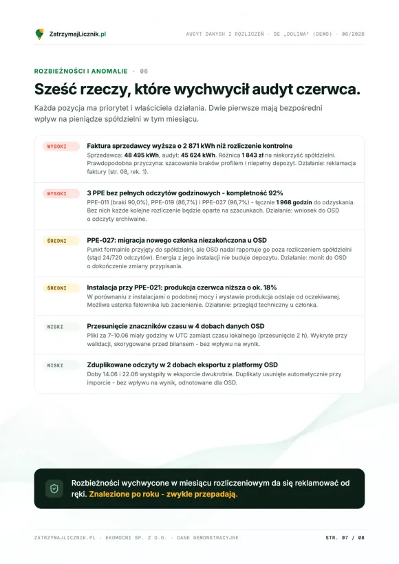 Strona raportu demonstracyjnego: Rozbieżności i rekomendacje