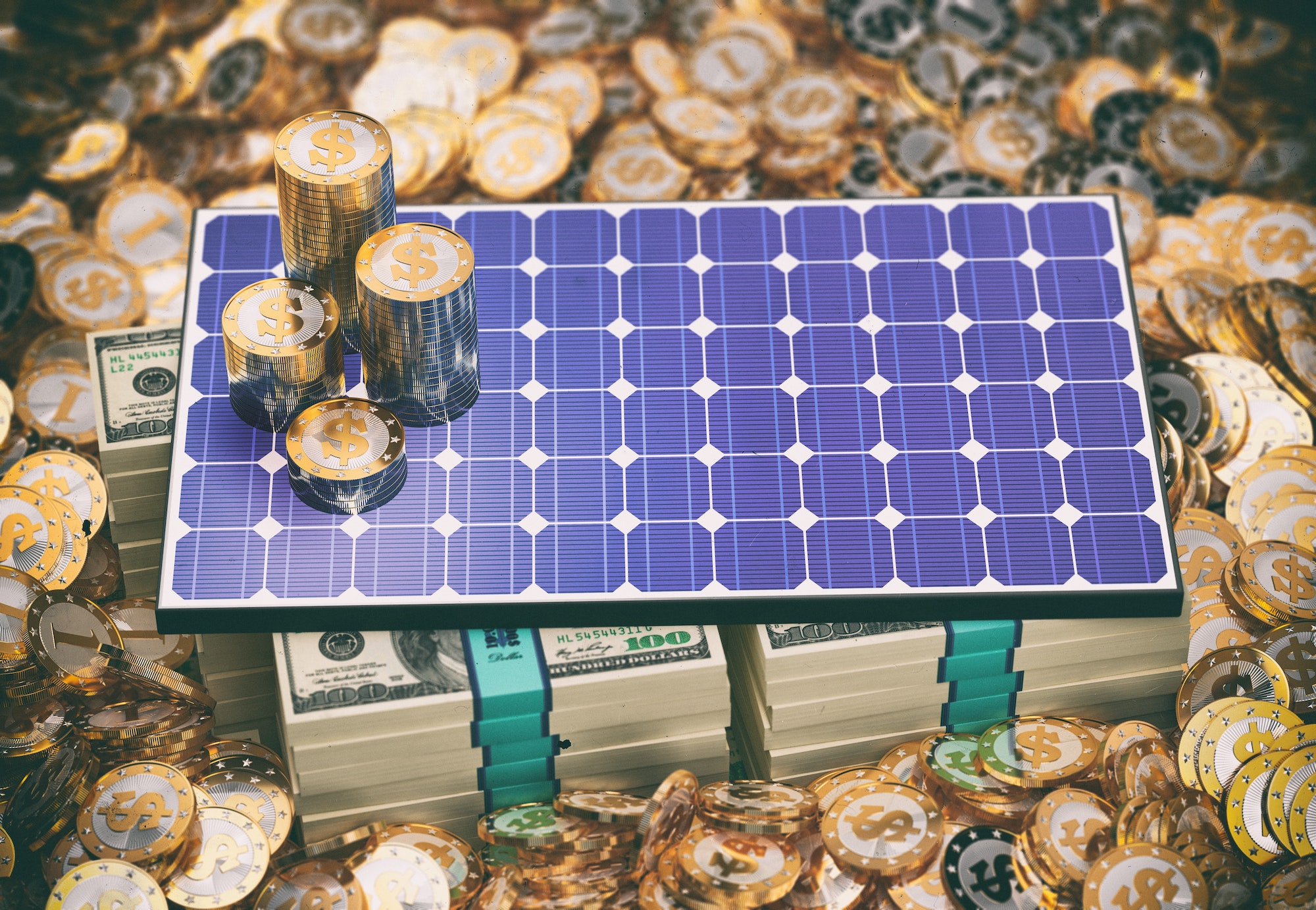 cena fotowoltaiki, pieniądze i panel solarny